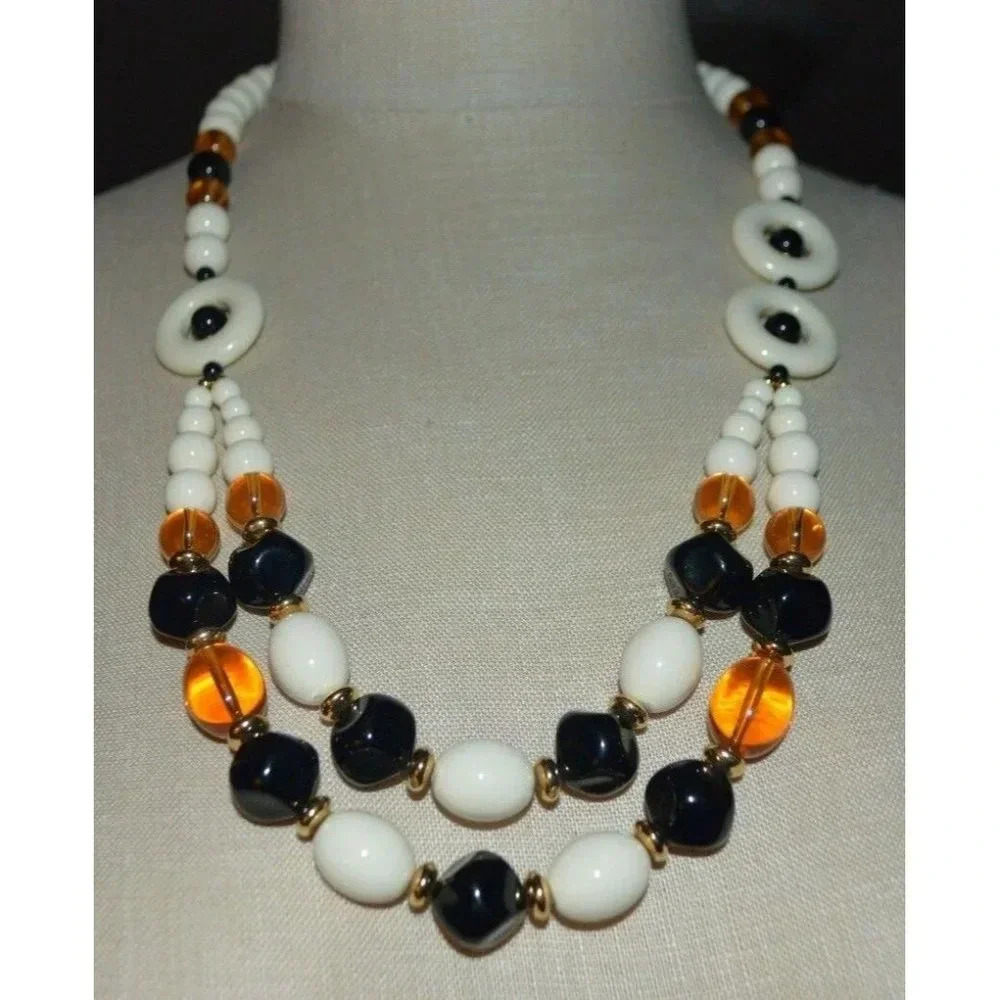TRIFARI TM White Topaz Black Acrylic Bead Beaded Statement Necklace Vintage